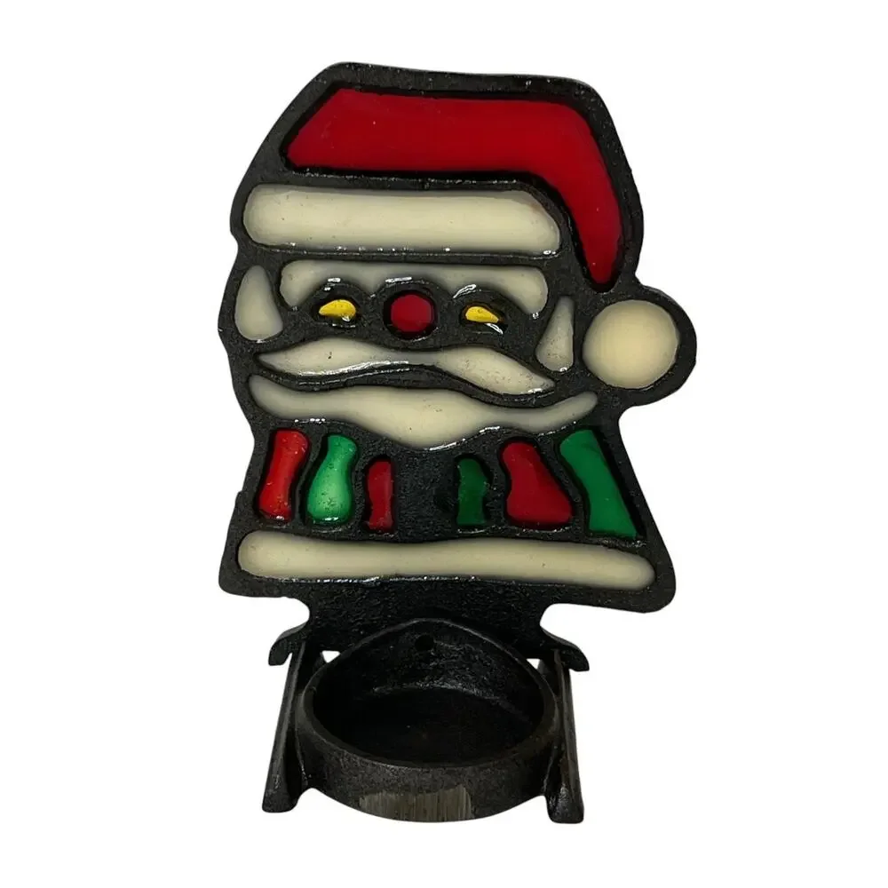 Vintage Santa Stained Glass Style Tea Light Candle Holder Cast Iron Tanco Taiwan